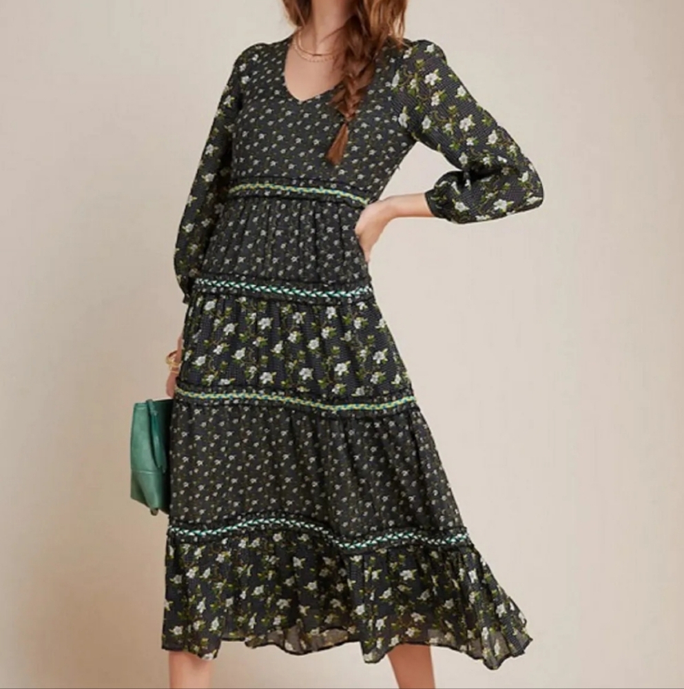 Anthropologie Karoline Tiered Maxi Boho Dress Floral Black Womens 10